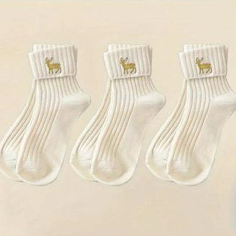 3 Pairs Cotton Cartoon Christmas Socks for Women Autumn Winter Warm Comfortable Cute Mid-tube Embroidery Merry Christmas Gifts