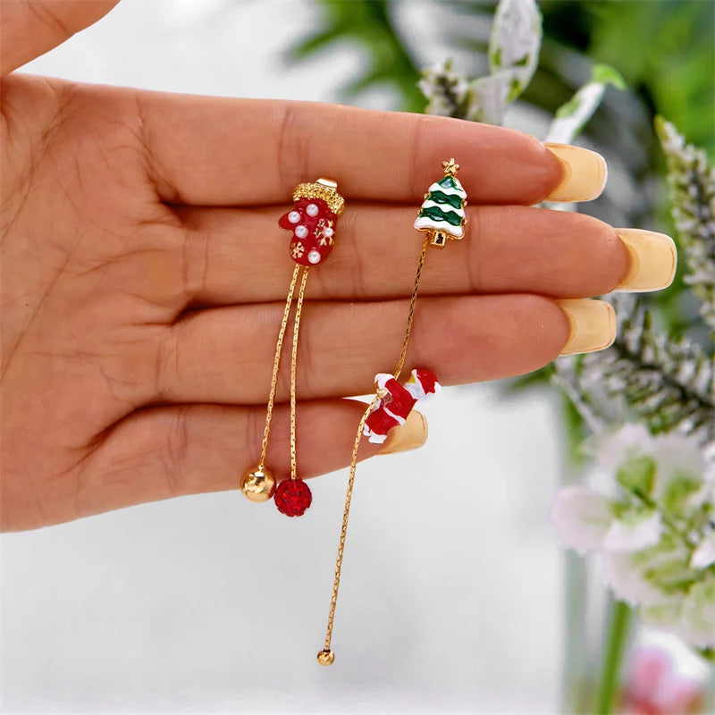Moving Santa Claus Tassel Dangle Earrings For Women Christmas Tree Snowflake Asymmetric Long Chain Earring New Year Jewelry Gift