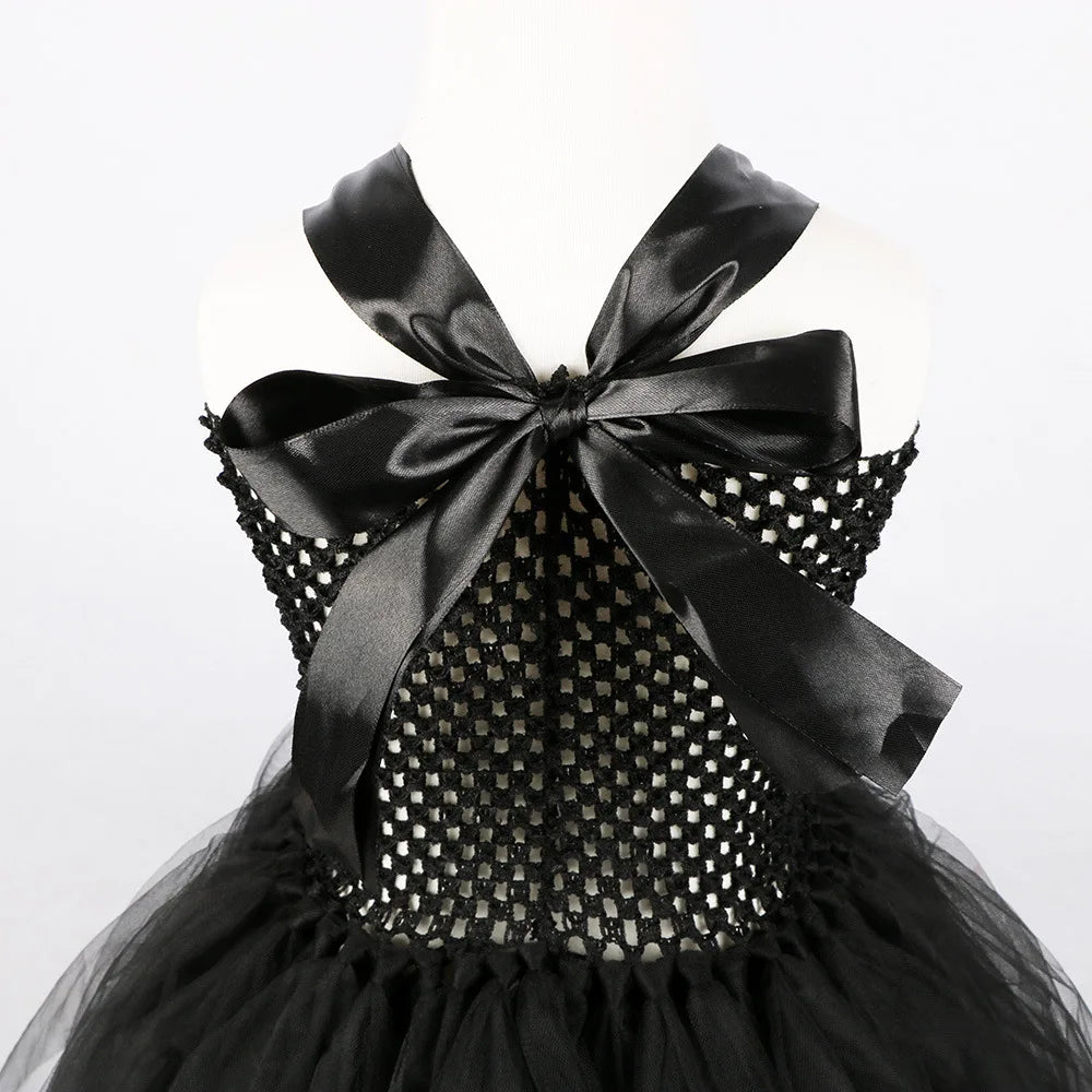 2024 New Maleficent Halloween Costume Maleficent Tulle Dress for Girls Cosplay Evil Queen Black Mesh Princess Dress Kids