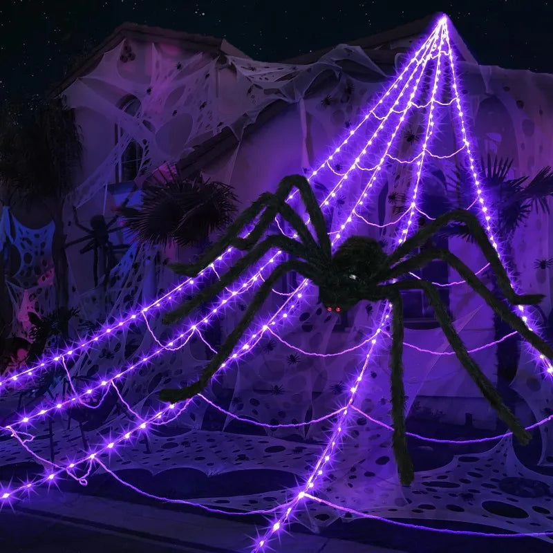 Glow in The Dark Spider Web Halloween Outdoor Decorations Fake Realistic Spider Lights Yard/garden Decor Day of The Dead Props