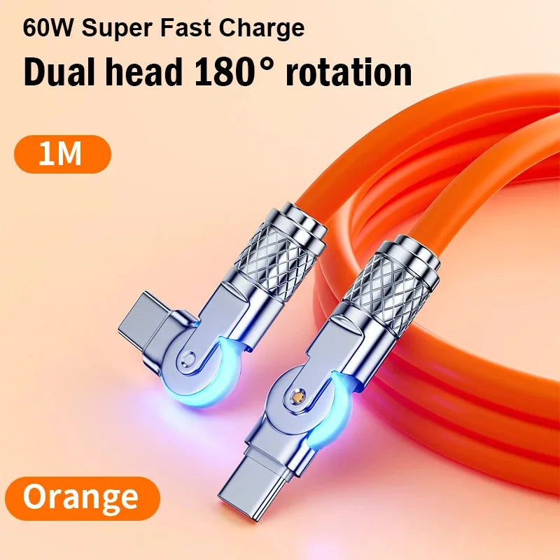 60W PD USB C To Type C Cable Elbow 180 Degree Rotation Super Fast Charge For Samsung S24 S23 S22 Ultra Huawei Laptop Data Sync