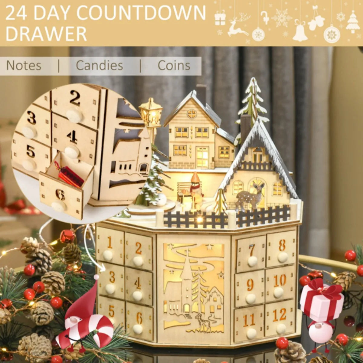 Handmade Wooden Advent Calendar 24 Day Countdown with Musical Village Scene Decoration Xmas Party Decoration