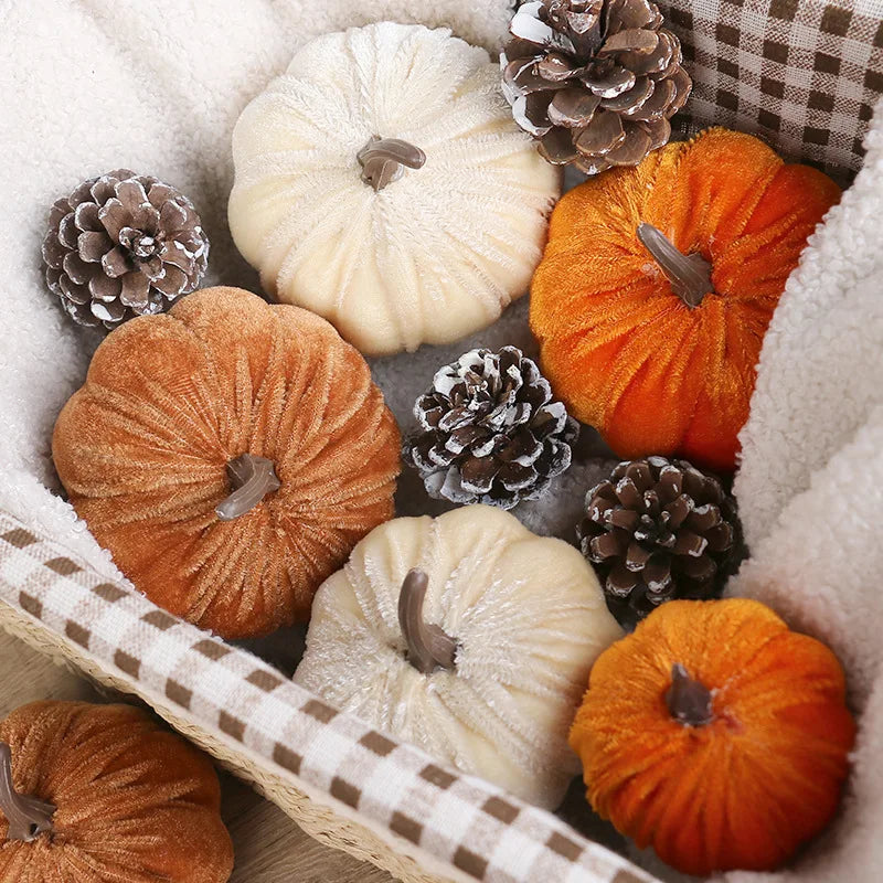 9pcs 3 Size Velvet Artificial Pumpkins Mixed for Halloween Party Thanksgiving Home Table Decoration Autumn Fall DIY Craft Wreath