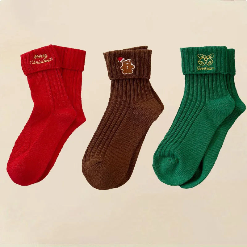 3 Pairs Cotton Cartoon Christmas Socks for Women Autumn Winter Warm Comfortable Cute Mid-tube Embroidery Merry Christmas Gifts