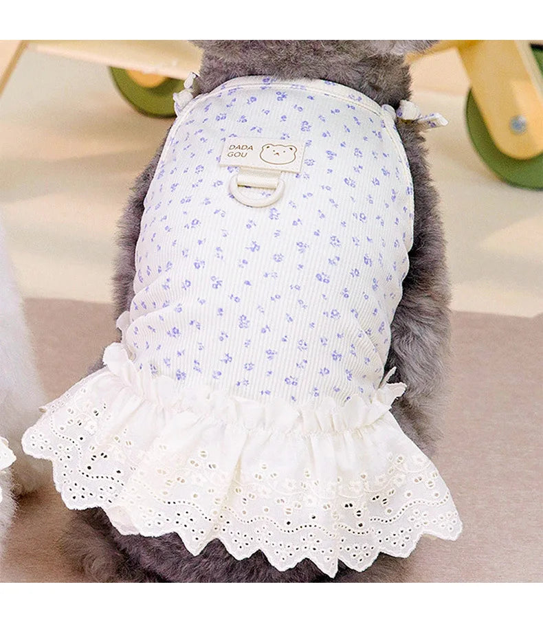 Dog Mesh Floral Camisole Dress Pet Clothing Teddy Breathable Spring/summer Clothing Puppy Can Tow Floral Princess Dress