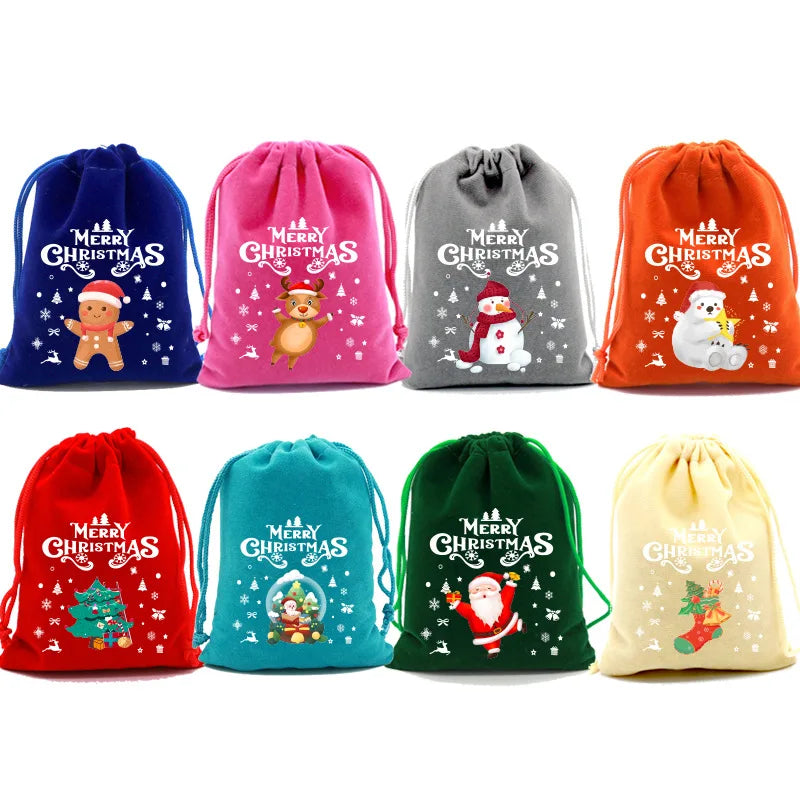 20pcs Xmas Velvet Bags Small Candy Gift Bag Drawstring Pouch Christmas Party Favor Boutique Jewelry Packaging Bags 2024 New Year