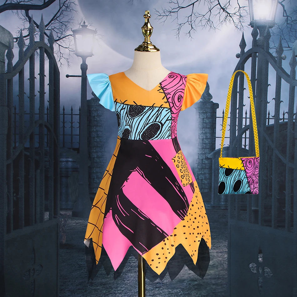 Baby Girls Halloween Costumes Cosplay Dress Nightmare Before Children Christmas Carnival Princess Sally Party Clothes 2-10 Years