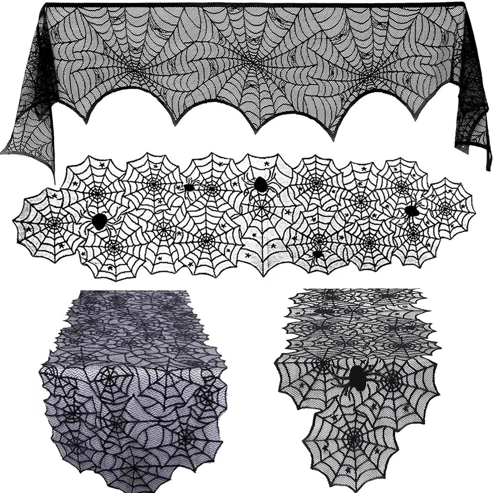 Halloween Home Party Decorations Black Lace Table Runner Spider Web Fireplace Mantel Cover Halloween Decorations Cloth Supplies