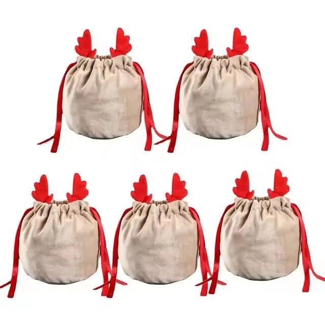 5/10 Christmas Reindeer Drawstring Gift Bag, Reusable Velvet Santa Claus Candy Biscuit Gift Bag, Christmas Eve Party Gift Decor