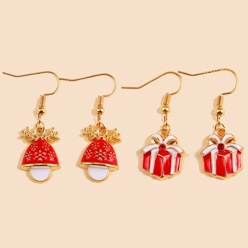 2Pairs Cute Christmas Set Earring Alloy Enamel Bell Snowflake Snowhouse Design Earrings - Perfect Holiday Jewelry Gift