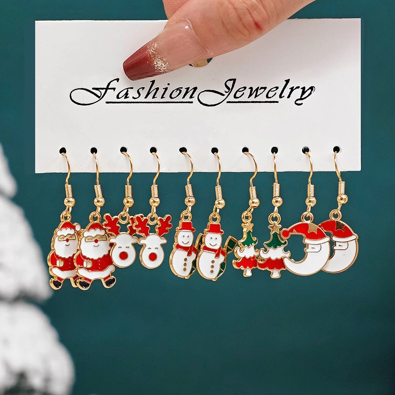 Cross-Border Fashion New Arrival Santa Claus, Reindeer, Christmas Tree and Moon Earrings Cute Cartoon Christmas Earrings Set