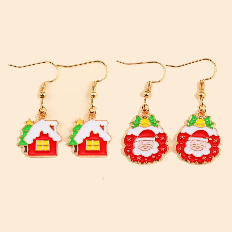 2Pairs Cute Christmas Set Earring Alloy Enamel Bell Snowflake Snowhouse Design Earrings - Perfect Holiday Jewelry Gift