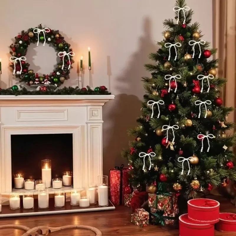 6/12pcs Xmas Tree Hand Woven Imitation Pearl Bow Hanging Ornaments 2025 Christmas Decoration for Home Navidad Gift New Year 2026