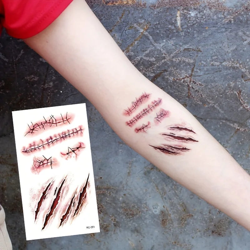 10pcs 3D Fake Scar Tattoos Sticker Body Face Realistic Scab Temporary Tattoos Halloween Horror Wound Bloody DIY Makeup Stickers