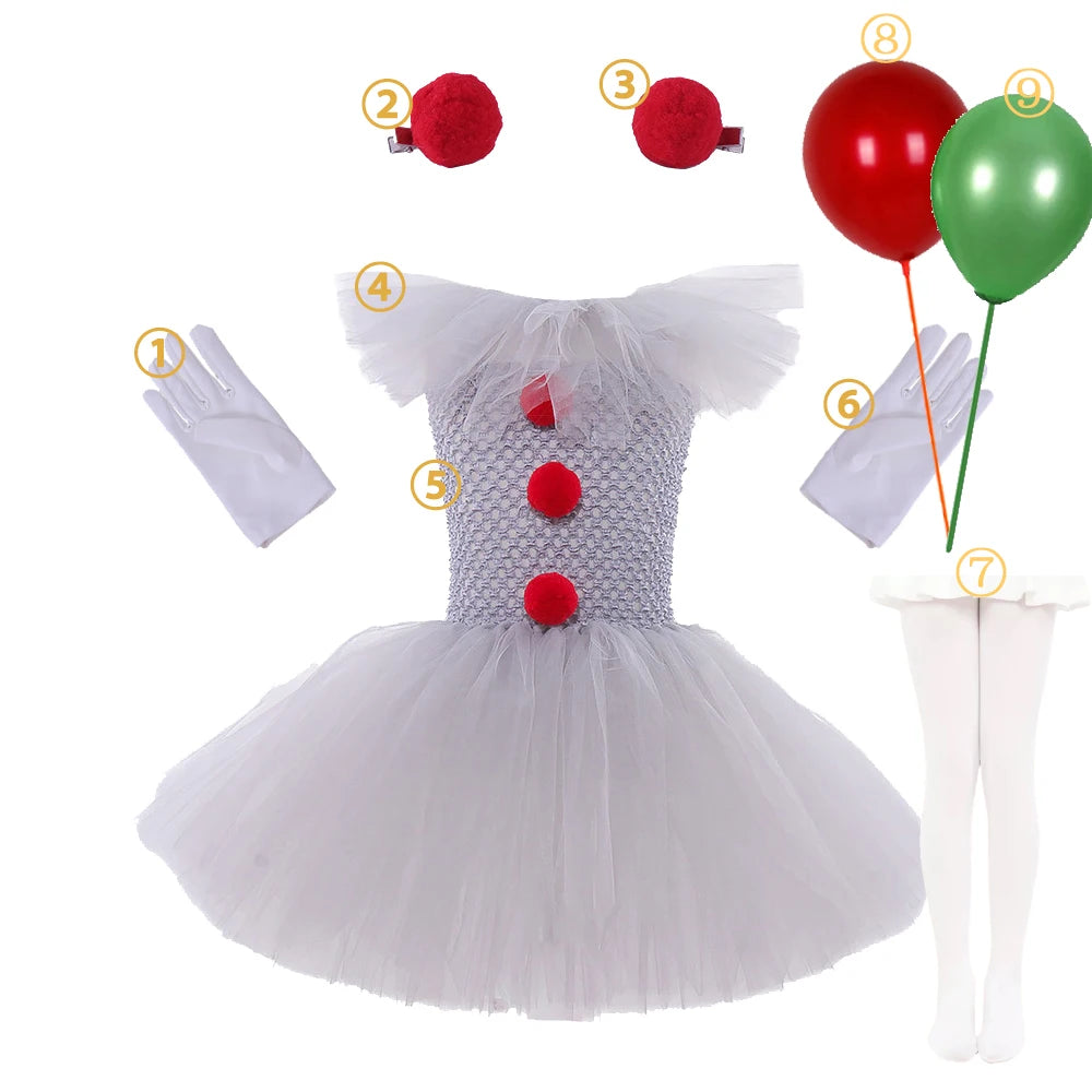 Halloween Clown Dress Kids Horror Movie Cosplay Costume Set for Girls Carnival Party Party Dress Up Clowns Clothing 3-10Yre