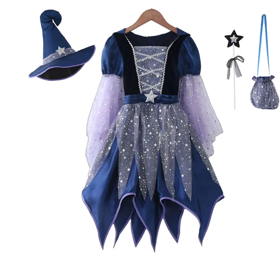 God Mother Fairy Dress with Witch Hat Wand Bag Girls Halloween Costume Witch Cosplay All Saint's Day 4Pcs Wizard Vestidos Suit