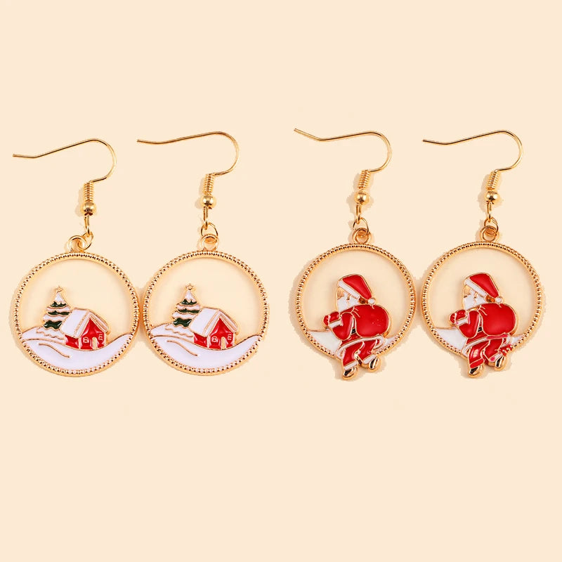 2Pairs Cute Christmas Set Earring Alloy Enamel Bell Snowflake Snowhouse Design Earrings - Perfect Holiday Jewelry Gift