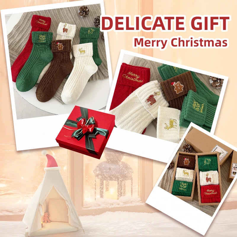 3 Pairs Cotton Cartoon Christmas Socks for Women Autumn Winter Warm Comfortable Cute Mid-tube Embroidery Merry Christmas Gifts