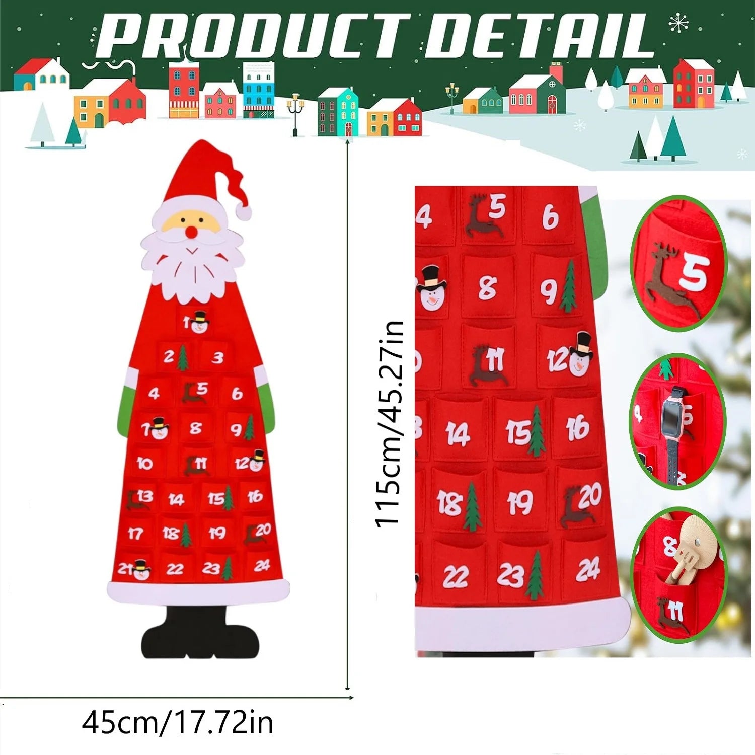 1 Pc Christmas Tree Advent Calendar, 24 Days Countdown to Christmas Felt Fabric Advent Calendar with 24 Ornaments & Pockets