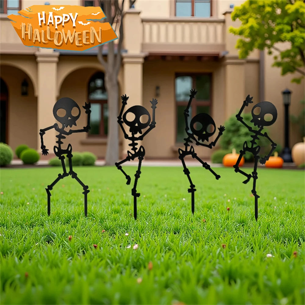 4PCS Spooky Dancing Skeleton Garden Stakes, Weatherproof Metal Yard Art for Halloween Decor, Easy Install Outdoor Lawn Ornaments