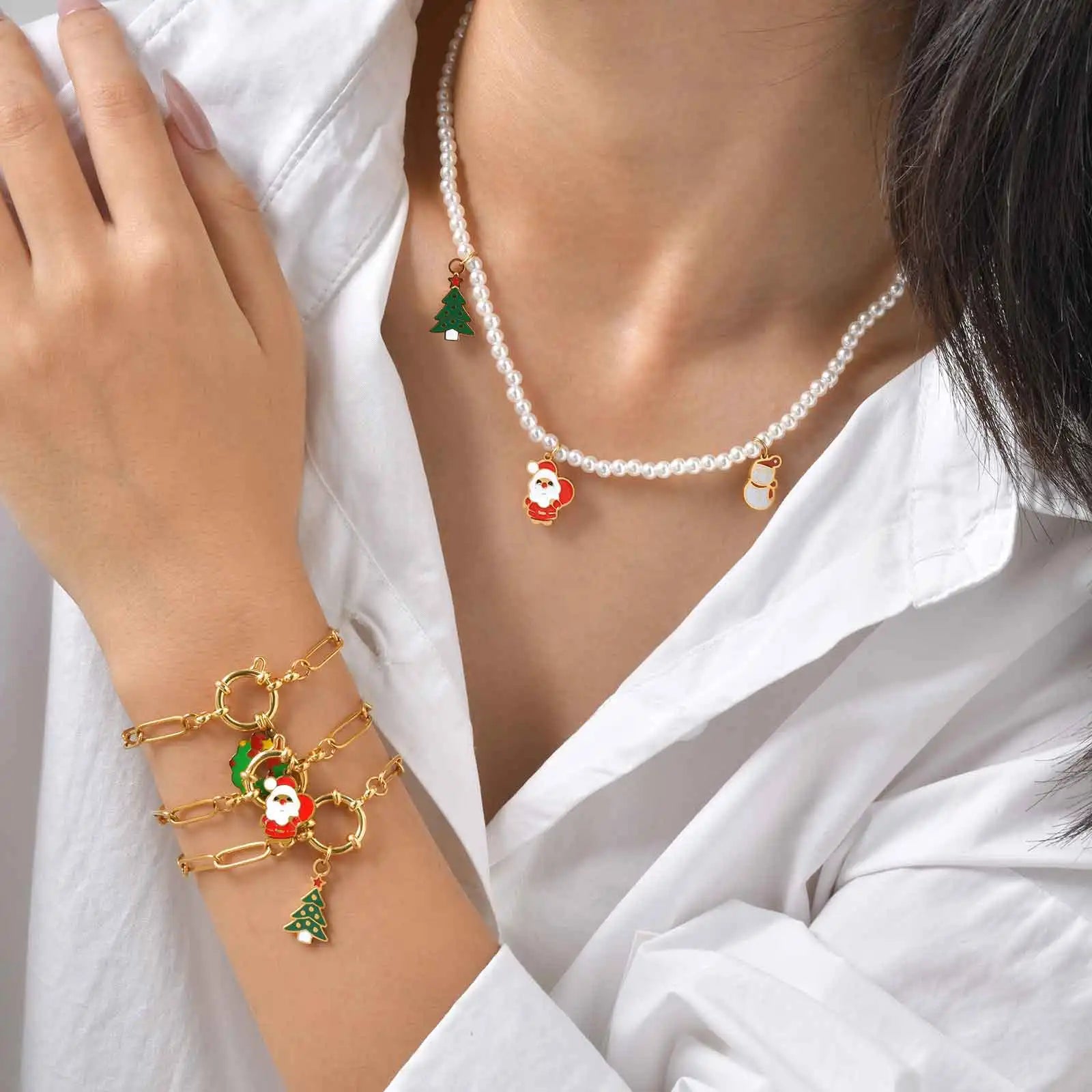 18CM Cute Santa Bubble Buckle Bracelet for Women,Gold Plated Stainless Steel Small Square Chain Bracelets,Merry Christmas Gift