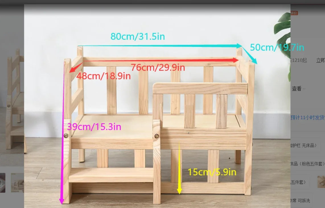 Solid Wood Elevated Pet Bed for Cats & Small Dogs, Natural Pine Wood, Non-Toxic, Easy Assembly, with Safety Fence/Anti-Slip Pads