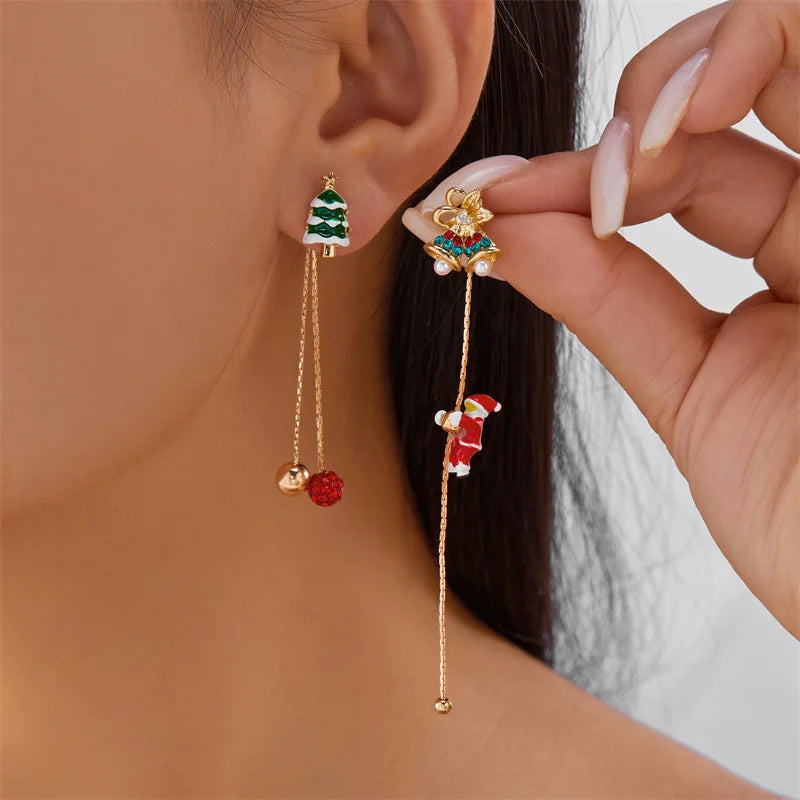 Moving Santa Claus Tassel Dangle Earrings For Women Christmas Tree Snowflake Asymmetric Long Chain Earring New Year Jewelry Gift