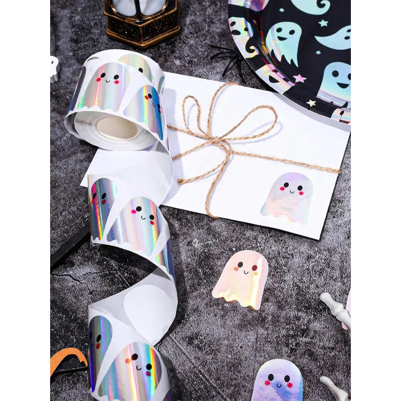500pcs Holographic Halloween Ghost Stickers, Laser Cute Boo Ghost Waterproof Adhesive Stickers For Envelope, Magazine