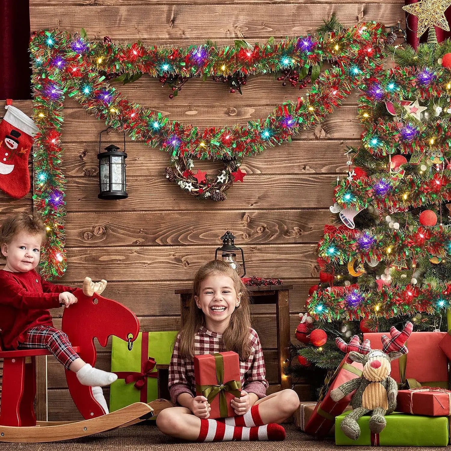 5M Christmas Tinsel Garland Metallic Shiny With LED Lights for Xmas Tree Thick Hanging DIY Garland 2026Happy New Year Home Decor