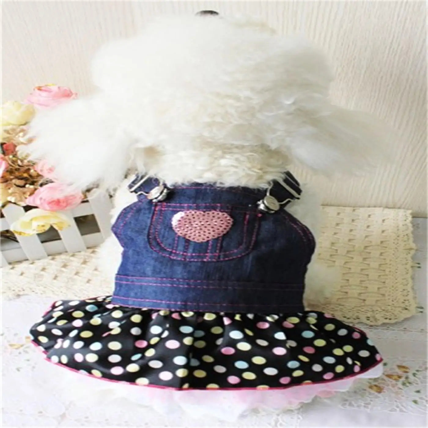 Denim Dot Dog Dress, Summer Pet Clothes, Wedding Skirt, Spring