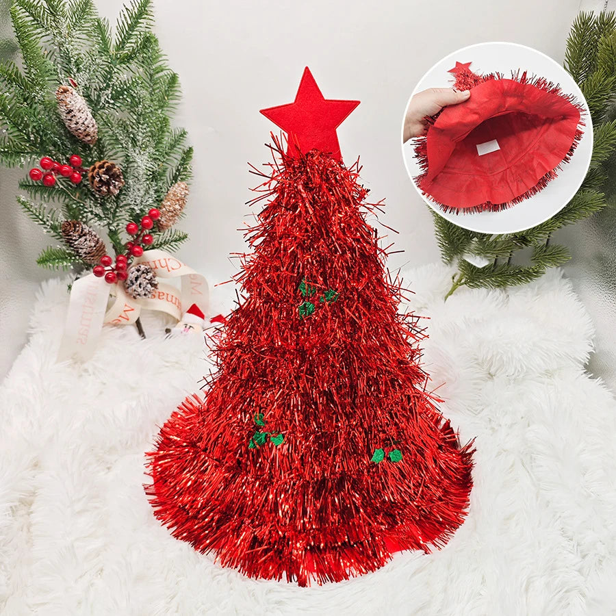 Christmas Tree Hats Fabric Rain Silk Hat for Adults Kids Funny Santa Hat with Tinsel Xmas Holiday Party Costume New Year Decor