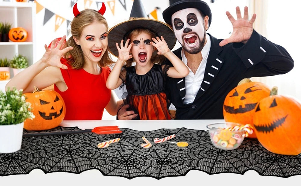 Halloween Home Party Decorations Black Lace Table Runner Spider Web Fireplace Mantel Cover Halloween Decorations Cloth Supplies