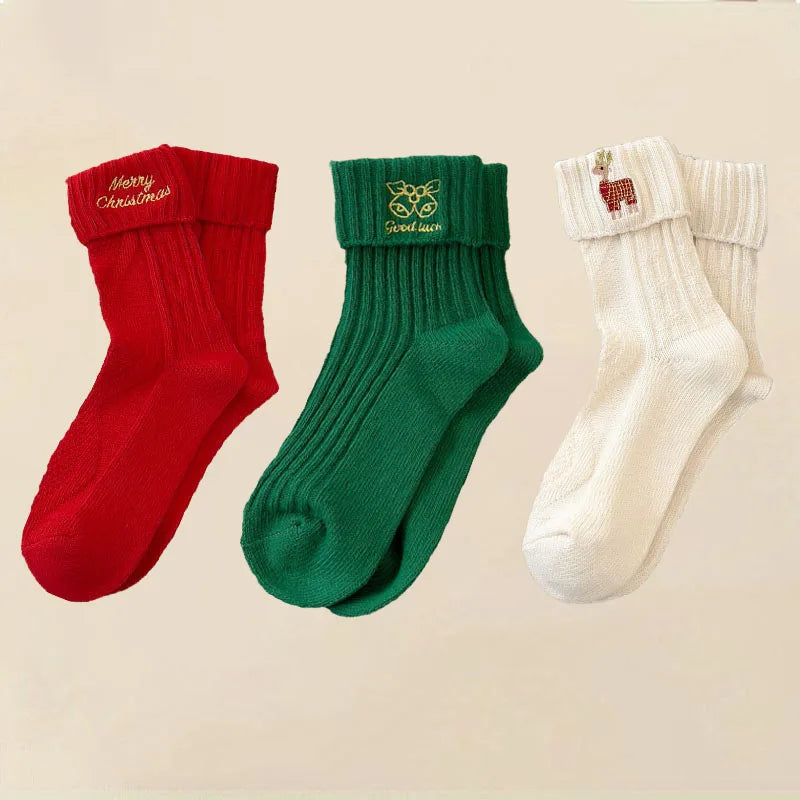 3 Pairs Cotton Cartoon Christmas Socks for Women Autumn Winter Warm Comfortable Cute Mid-tube Embroidery Merry Christmas Gifts