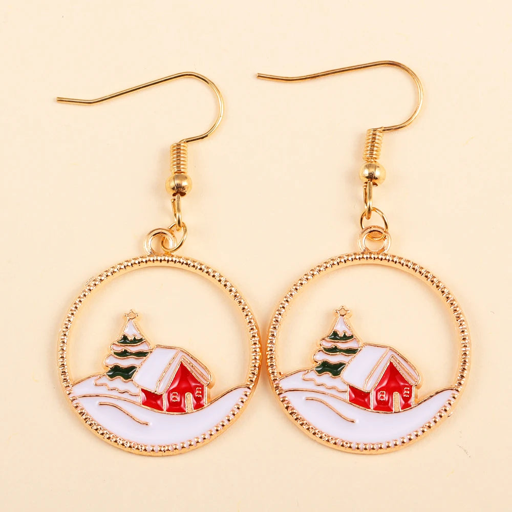 2Pairs Cute Christmas Set Earring Alloy Enamel Bell Snowflake Snowhouse Design Earrings - Perfect Holiday Jewelry Gift