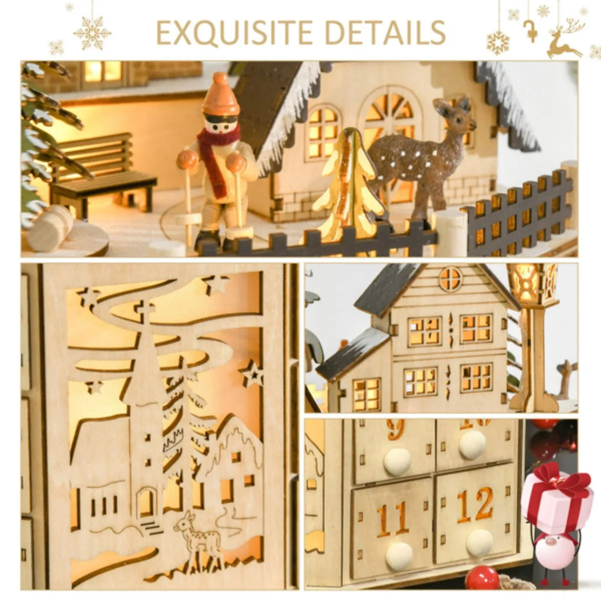 Handmade Wooden Advent Calendar 24 Day Countdown with Musical Village Scene Decoration Xmas Party Decoration