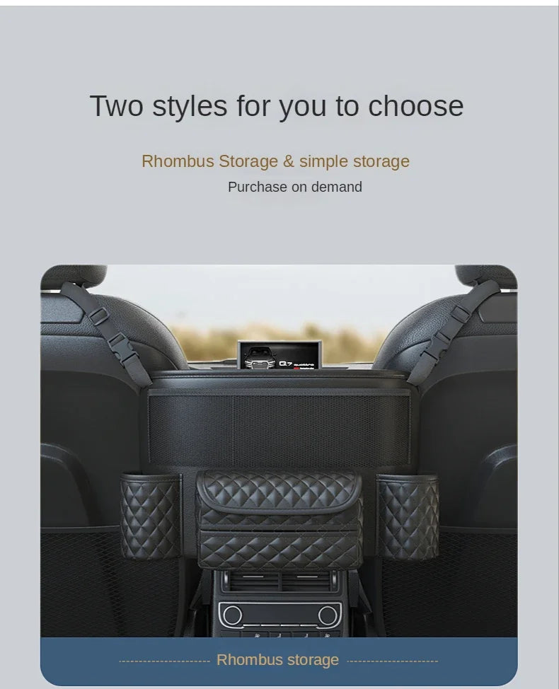 Leather Car Seat Middle Hanger Storage Bag Luxury Auto Handbag Holder Between Seats Tissue Water Cup Pockets Stowing Tidying
