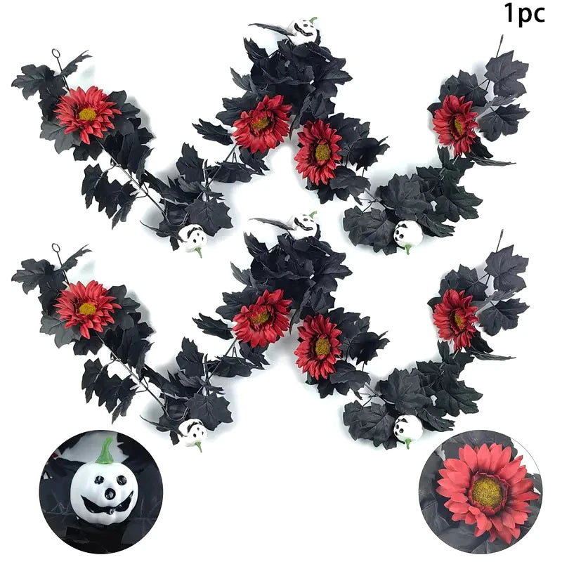 1 Halloween Wreath - 5.74ft Gothic Maple Leaves And Pumpkin Vines With Spooky Decorations To Create A Spooky Holiday And Firepla