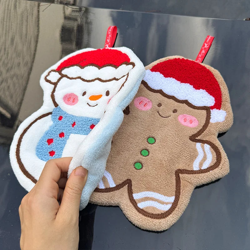 Christmas Hand Towel Cartoon Gingerbread Man Snowman Coral Fleece Towel Christmas Home Kitchen Bathroom Decoration Xmas Gifts