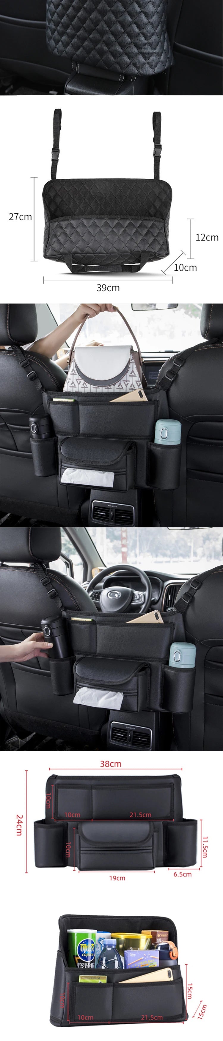 Car Seat Middle Hanger Storage Bag Leather Handbag Holder Tissue Water Cup Pockets Stowing Tidying Car Interior Accessories