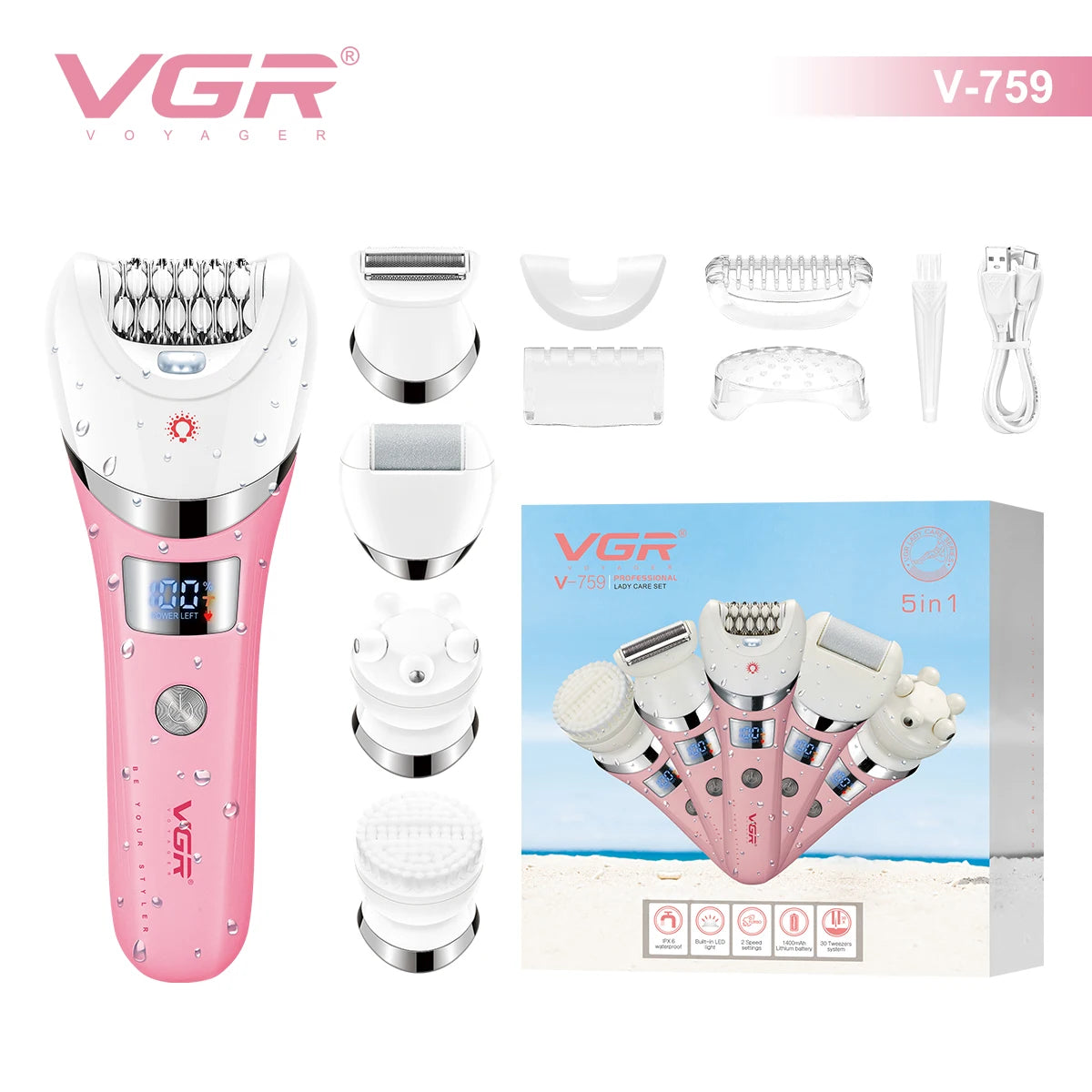 VGR Hair Trimmer Electric Epilator Hair Removal Personal Care Appliances Body Trimmer 5 IN 1 Waterproof Hair Remover Women V-759