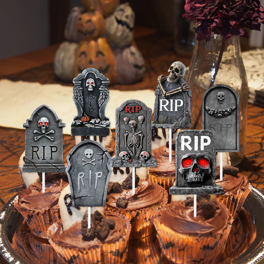 12/24pcs Halloween Scary Tombstone Cupcake Toppers Skeleton RIP Graveyard Cake Topper Decorations Halloween Birthday Party Decor