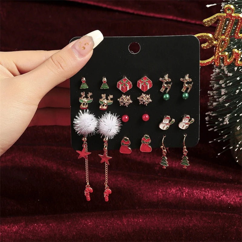 24pcs Christmas Combination Earrings Set for Women Small Shiny Zircon Xmas Tree Santa Claus Snowflake Earring Party Jewelry Gift
