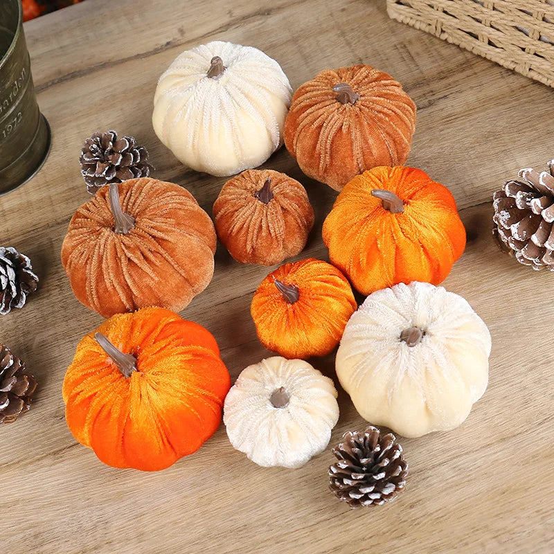 9pcs 3 Size Velvet Artificial Pumpkins Mixed for Halloween Party Thanksgiving Home Table Decoration Autumn Fall DIY Craft Wreath