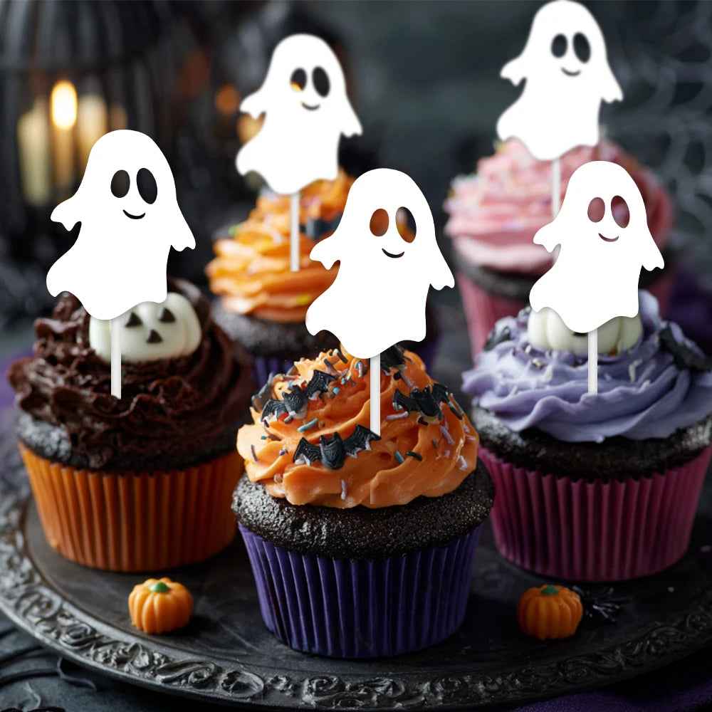 12/24pcs Halloween Black White Cupcake Topper Skull Ghost Bat Spider shape Cake Topper Decoration Halloween Birthday Party Decor