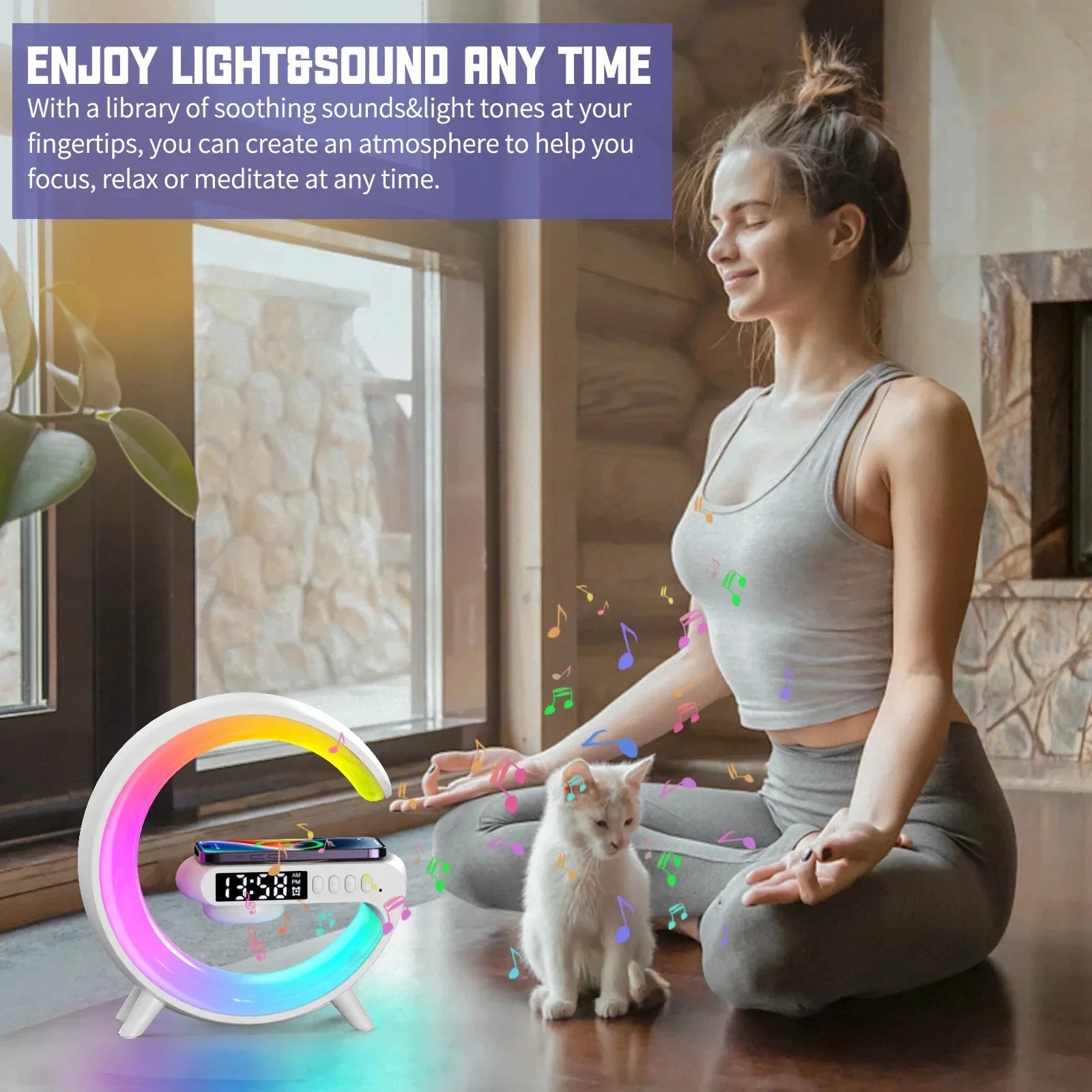 Multifunction Stand Speaker Wireless Charger Pad RGB Light Alarm Clock Speaker For iPhone Samsung
