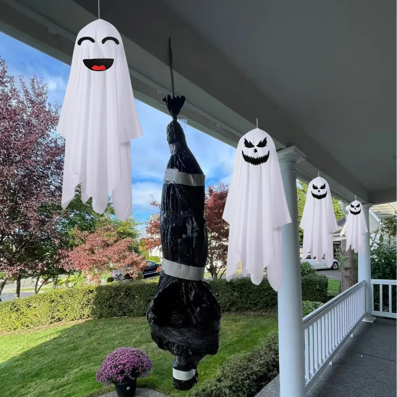 68/125CM Halloween Hanging Ghost Decor White Cloth Hanging Ghost Halloween Flying Ghost Party Decor Front Porch Yard Garden