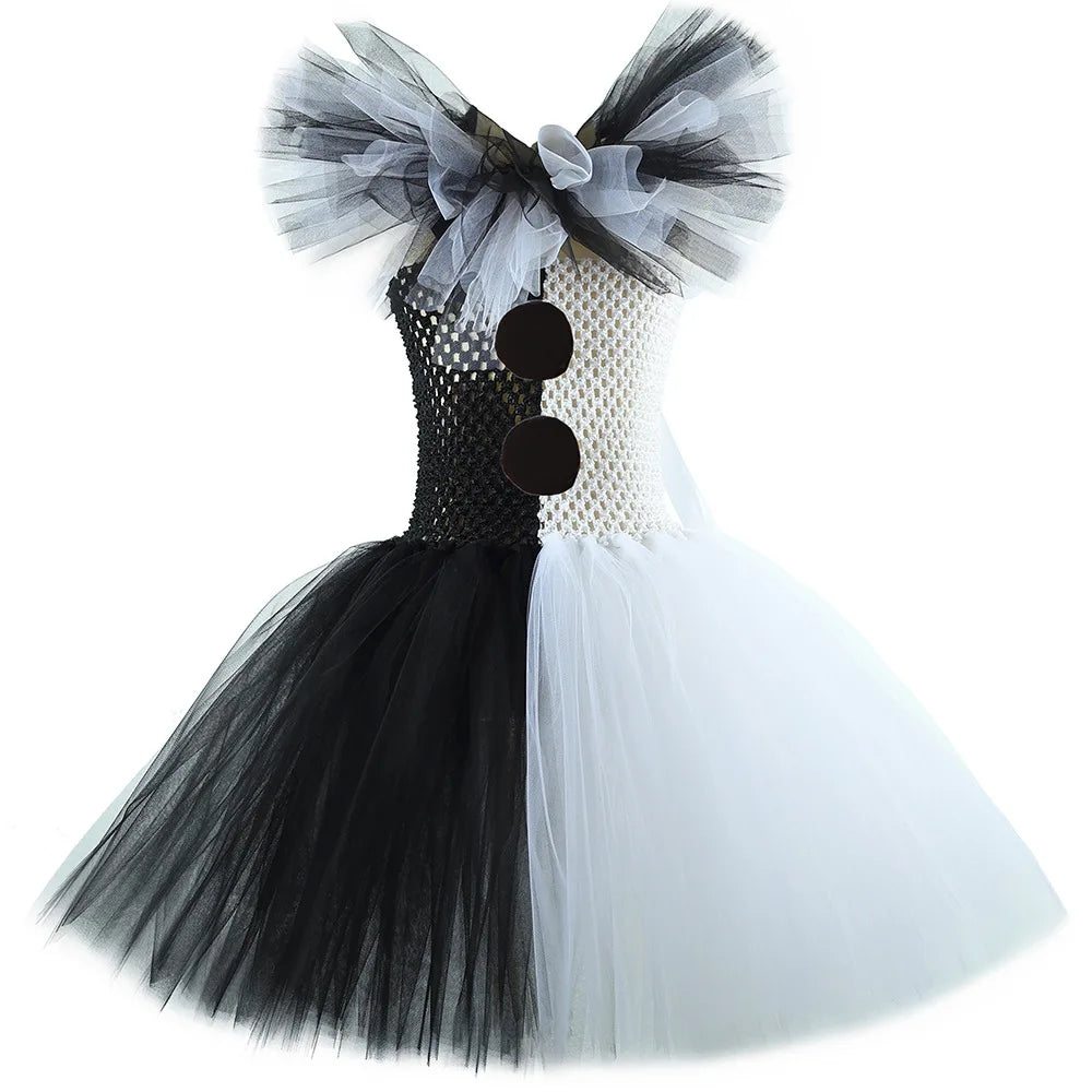 2025 Halloween Festive Party Girls Cosplay Black and White Witch Sleeveless Clown Lace Vampire Clothing Plus Accessories Set