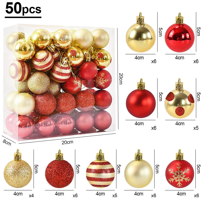 50Pcs/box Christmas Tree Balls Ornament Red Gold Hanging Bauble Pendant 2025 Christmas Decoration for Home 2026 New Year Gifts
