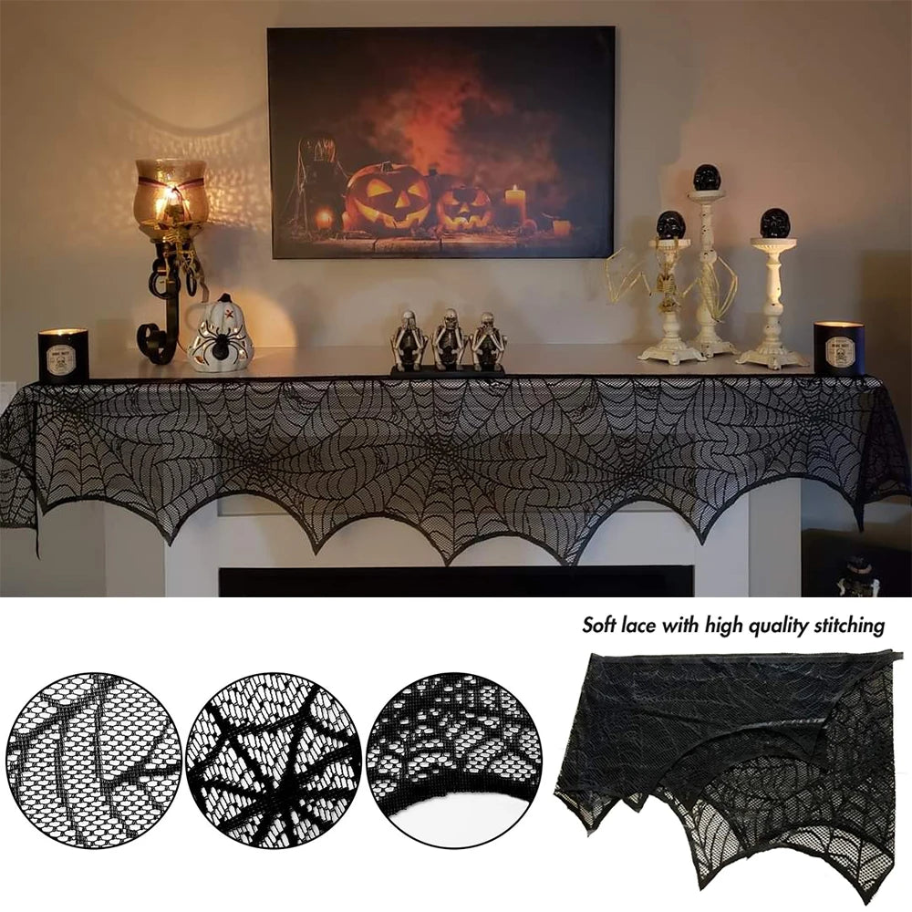 Halloween Home Party Decorations Black Lace Table Runner Spider Web Fireplace Mantel Cover Halloween Decorations Cloth Supplies