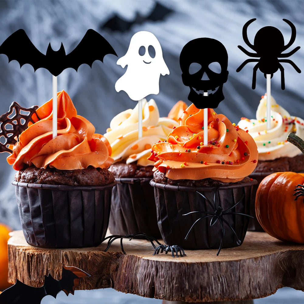 12/24pcs Halloween Black White Cupcake Topper Skull Ghost Bat Spider shape Cake Topper Decoration Halloween Birthday Party Decor